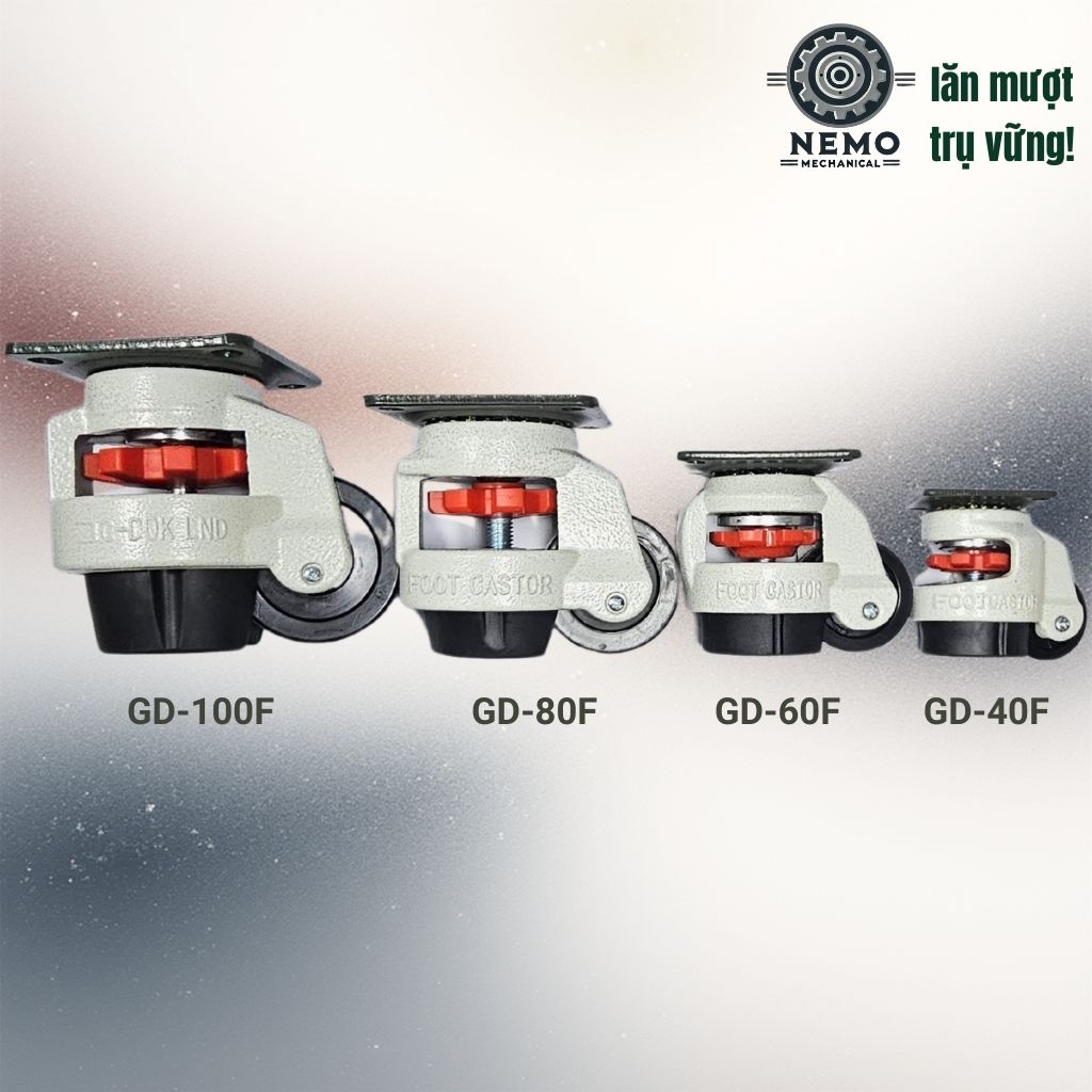 Bánh Xe Liền Chân Tăng Chỉnh Độ Cao GD – Chống Rung, Chịu Tải Nặng (GD-40F, 60F, 80F, 100F)